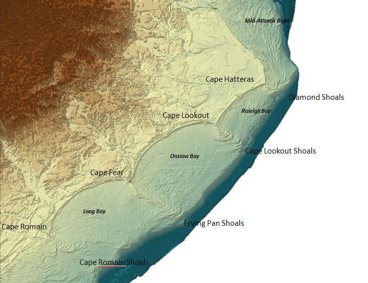 N 157 km Figure 1: Map of the cuspate forelands along the Carolina coast.