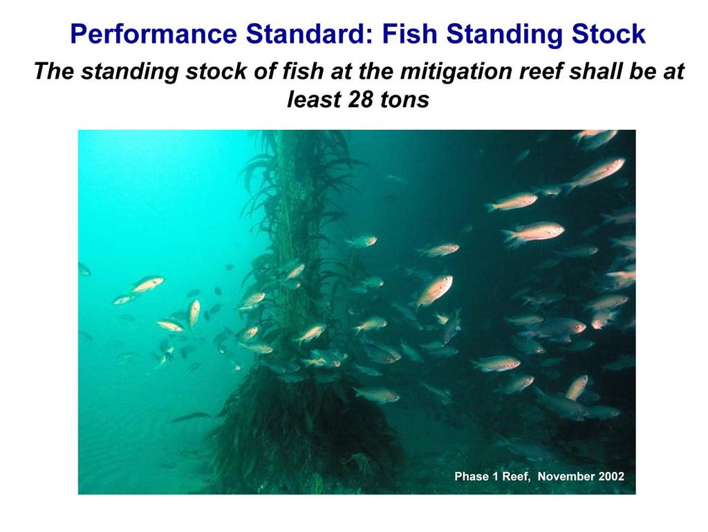 RECAP The performance standard for fish biomass is an absolute standard that requires the Wheeler North Reef to support at least 28 US tons of reef