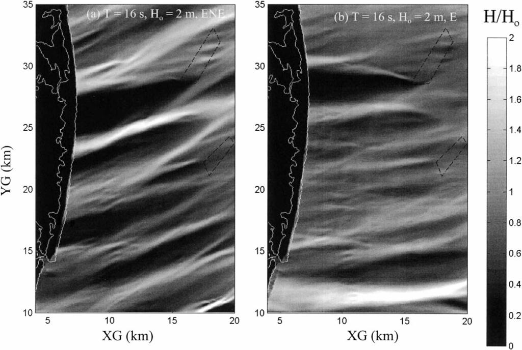 54 Maa et al. Figure 9. Normalized wave height distribution for the original bathymetry with H o 2 m and T 16 s, and coming from (a) ENE and (b) E.