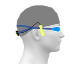 After the Marlin unit is secured, you may wear your goggles as normal. Afterwards, attach the bone conduction unit. Clip the bone conduction unit to the side of your goggle straps as shown below.