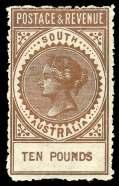 SG 960 ++ ($1,430). Estimate $500-750 58 Queensland, 1880, Queen Vic to ria Chalon Head, 5s yel low ocher (54. SG 124), o.g., lightly hinged, bright fresh color, Very Fine.