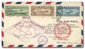 ), le gal size air mail en ve lope franked with 65 Zep pe lin (C13) block of 6, cor rectly pay ing the $3.90 rate, tied by May 5 New York du plex handstamps, Ger man & U.S.