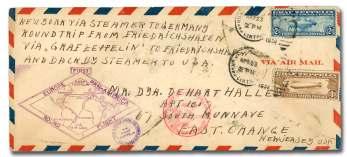WORLD AEROPHILATELY: Zeppelin Flights 495 496 495 United States, 1930 (3-6 May), Round-the-World Flight, Friedrichshafen - Friedrichshafen (Michel 68Gb), plain en ve lope franked with $2.
