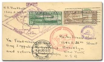 Estimate $500-750 496 United States, 1930 (3-6 May), Round-the-World Flight, Friedrichshafen - Friedrichshafen (Michel 68Ga/b), 1 Jef fer son postal card franked with 65 & $1.