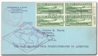 WORLD AEROPHILATELY: Zeppelin Flights 499 500 499 United States, 1930 (18-31 May), South Amer ica Flight, Friedrichshafen - Lakehurst (Michel 66Ga/b), air mail en ve lope franked
