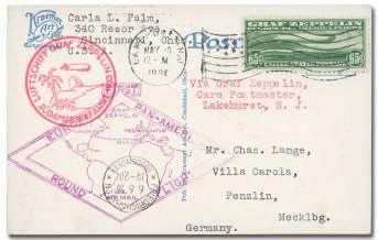 Michel 350 ($390). Estimate $150-200 520 United States, 1930 (3-5 Jun), Re turn Flight, Lakehurst - Friedrichshafen (Michel 68Ge), 1 War Dept. stamped en ve lope (UO44) franked with $1.