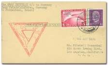 Estimate $200-300 547 Ger many, 1931 (25-27 Jul), Po lar Flight, Berlin - Malyguin (Michel 204b.  Sep, and backstamped Orono Me. upon re turn to ad dressee; card with small cor ner bend, F.-V.F. Michel 450 ($500).