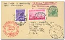 Sieger 238Bca), 1 Jef fer son postal card franked with 2m Chi cago Flight Zep pe lin (C43) with 15pf & 50pf Ea gles, tied by Friedrichshafen cir cu lar datestamps, red flight ca chet, backstamped Chi