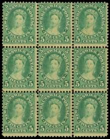 Estimate $750-1,000 86 New Bruns wick, 1851, 6d ol ive yel low (2), o.g., fresh and bright shade, F.-V.F.; with 2015 Vin cent Graves Greene cer tif i cate.