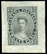 BRITISH COMMONWEALTH: Canada CANADA 103 P Can ada, 1851, Queen Vic to ria, 12d small die proof from scarred die, black on gray ish bond (3P.