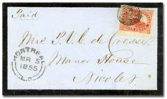 Estimate $500-750 106 Can ada, 1852, Bea ver, 3d red, ribbed pa per (4c), neat To ronto square grid can cel, four nice mar gins with bright color, Very Fine; 1971 B.P.A.