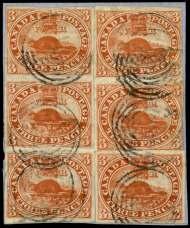 Estimate $200-300 107 Can ada, 1852, Bea ver, 3d red, ribbed pa per (4c), ver ti cal pair, light Brantford 5 four-ring can cels, bright and fresh with large mar gins ex cept a bit
