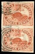 Estimate $150-200 109 Can ada, 1852, Bea ver, 3d or ange red, thin pa per (4d), huge mar gins and mar vel ous color; faint nat u ral pa per wrin kle, Ex tremely Fine. Scott $225.