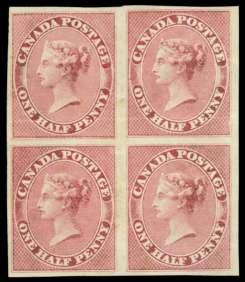 BRITISH COMMONWEALTH: Canada Unique Mint 1857 ½d Rose Block With Stitch Watermark 111 a Can ada, 1857, Queen Vic to ria, ½d rose, ver ti cal stitch wa ter mark (8 var. Unitrade 8iii), block of 4, o.g.