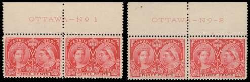 , bot tom cen ter stamp with no outer frame on lower right value tab let (28ii), top cen ter with dot in large 1 at right, fresh and bright, cen ter ing as per photo; hor i zon tal crease through top