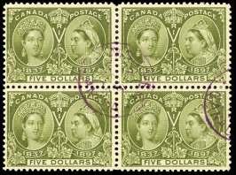 Estimate $2,000-3,000 136 a Can ada, 1897, Queen Vic to ria Ju bi lee, $5 ol ive green (65), block of 4, ma genta Win ni peg cir