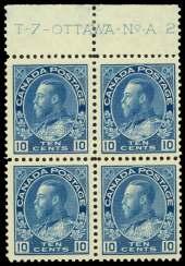 George V Ad mi ral, 20 ol ive green (119), a choice, vir tu ally per fectly cen tered block of 4, o.g., up per left stamp lightly hinged, rest never hinged, Ex tremely Fine and choice; 2008 Greene Foun - da tion cer tif i cate.