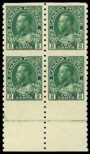 BRITISH COMMONWEALTH: Canada 170 / a Can ada, 1912, King George V Ad mi ral, 50 black (120a), a mag nif i cent mint block of 4, the top two stamps are ab so lutely per fectly cen tered, the bot tom