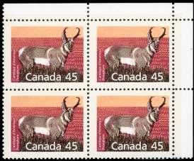 Estimate $200-300 192 a Can ada, 1990, 45 Prong horn Deer, imperf (1172h), up per right im print block of 18, o.g., never hinged; left col umn with light nat u ral pa per wrin kles, Very Fine.