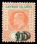 BRITISH COMMONWEALTH: Cayman Islands CAYMAN ISLANDS Exceedingly Rare 1d on 5s Double Surcharge 212 Cayman Is lands, 1907, King Ed ward VII, 1d on 5s salmon & green, dou ble sur charge (19a.