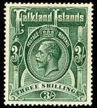 Estimate $750-1,000 216 Falkland Is lands, 1916, King George V, 3s-10s (336-39. SG 66, 67, 67b, 68), wa ter marked mul ti ple Crown CA, o.g., lightly hinged, fresh and well cen tered, Very Fine.