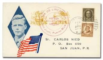 WORLD AEROPHILATELY: Pioneer Flights and Other Airmail Postal History 369 370 369 Puerto Rico, 1928, Lindbergh cover from Catano, Puerto Rico, ½ and 1½ tied by Feb 2 1928 Catano PR du plex to