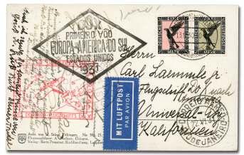 Rössler franked with 1m & 3m Ea - gles (C32, C34) tied only by type I Onboard cir cu lar datestamps, 30 Jan 31 (no Friedrichshafen mark ings), red & black flight ca chets (the lat ter on re verse),