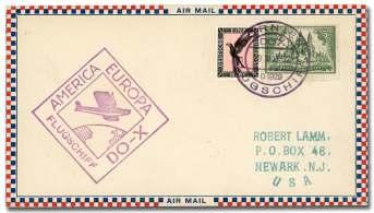 Estimate $250-350 392 United States, 1932 (May 15), DO-X Flight, postal card an nounc ing the flight, 1 postal card (UX27), New York City to Ithaca, with dis patch (May 15, 1932) and re ceiv