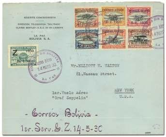 WORLD AEROPHILATELY: Zeppelin Flights 397 Bolivia, 1930 (May 25-31), South Amer ica Re turn Flight (Michel Mi 66Ca. Sieger 60A), La Paz - (Rio de Ja neiro -) Lakehurst, May 25-31, 1930.