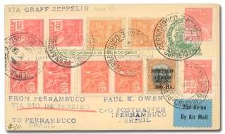 by 24 May Recife cir cu lar datestamps, pri - vate handstamps read Via Graf Zep pe lin and from Pernambuco via Rio de Ja neiro to Pernambuco, Brazil, backstamped 26 May Rio Air mail oval and an other