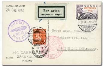 Estimate $100-150 411 Finland, 1930 (24 Sep), Fin land Flight, Hel sinki - Friedrichshafen (Michel 128Ac), 1m Zep pe lin over - print (C1) tied, along with 1m de fin i tive pay ing Air mail post age