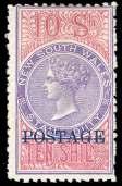 Estimate $400-600 55 New South Wales, 1885, Queen Vic to ria, 10s mauve & claret, over printed POSTAGE in blue, perf 10 (75b.