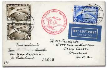 Michel 1,500 ($1,680). Sieger 600+ ($670). Estimate $500-750 420 Ger many, 1930 (18-31 May), South Amer ica Flight, Friedrichshafen - Lakehurst (Michel 66a.