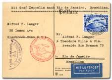 Sieger 57K), 4m South Amer ica Flight Zep pe lin (C39) tied on cover by Friedrichshafen cir cu lar datestamp, red flight ca chet, backstamped Pernambuco; ad dressed to the Ca nary Is lands and orig i