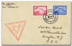 450. Estimate $150-200 437 Ger many, 1933 (Oct 14-Nov 2), Chi cago Flight (Michel 347a. Sieger 238Aaa), cover franked with 25pf Hindenburg, C31 & C44, and tied by Friedrichshafen 14.10.