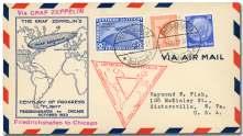 Sieger 238Cbb), 4m Chi cago Flight Zep pe lin (C45) tied by Friedrichshafen cir cu lar datestamp on Air mail en ve lope with blue printed Zep pe lin cor ner card, red flight ca chet and green