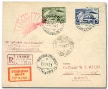 Sieger 120ba-b), com plete set imperf Po lar Flight Zep pe lins (C26-29), tied by Le nin grad Zep pe lin datestamps on reg is tered card & cover with red flight ca chets and