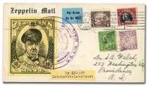 Estimate $150-200 471 Switzerland, 1929-31, group of six dif fer ent Zep pe lin post cards, Michel num bers 45Bb, 124Aa, 124Ab, 139A, 140IAa & 168; great frankings in clud ing 4x 75c Flight (C11) and