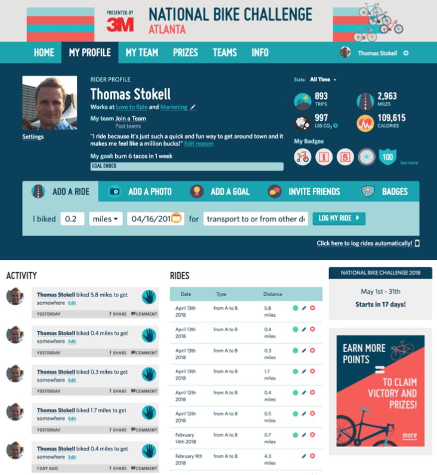 Personal Profile Page ü View your stats and progress, set goals, achieve badges, add photos, invite friends and colleagues to join in too ü Log rides quickly and