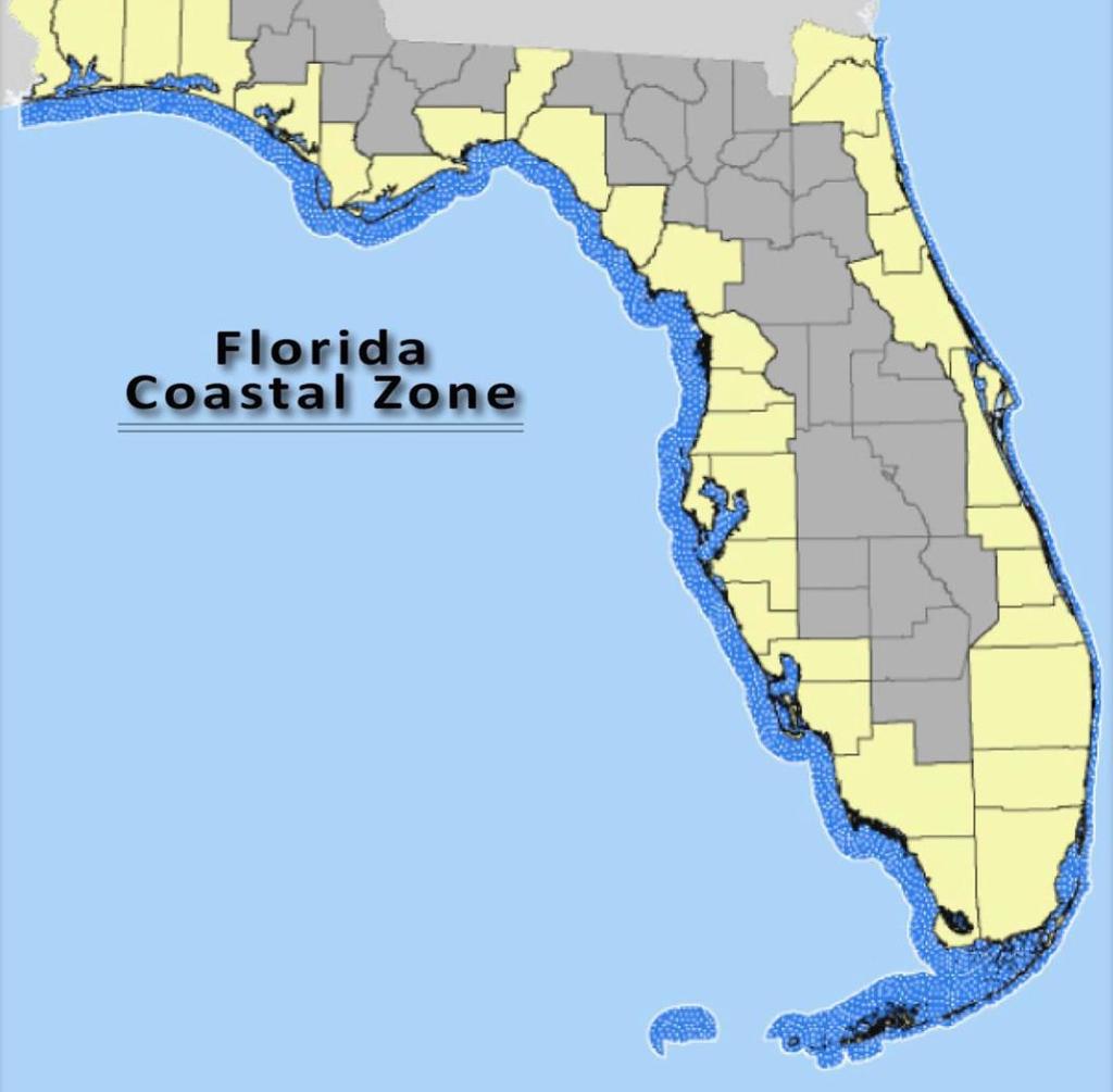 Federal Coastal Zone Management Act Reverse Federalism Florida s Coastal Management Program/Plan 24 state statutes DEP and partner agencies Irony - does