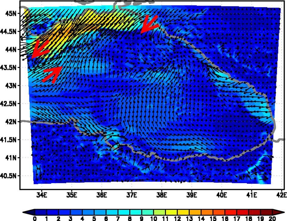 Figure 4. Wind field at the lowest level simulated using the WRF model for 1930 UTC on 16 January 2011.
