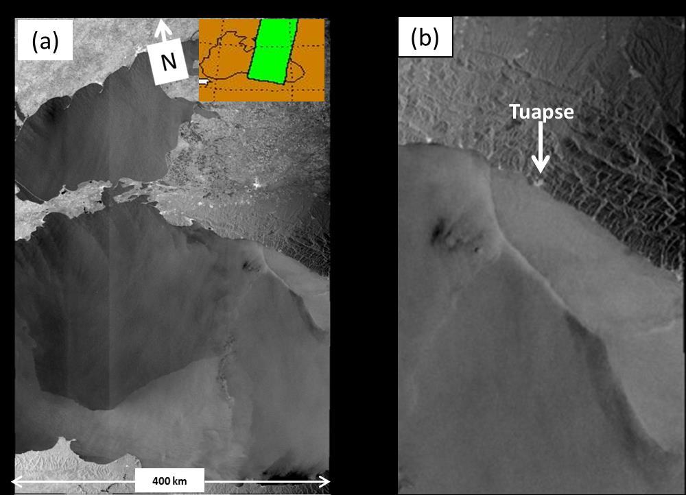 Figure 5. (a) Section of an ASAR WSM image acquired by ENVISAT at 0745 UTC on 21 June 2011 over the eastern section of the Black Sea.