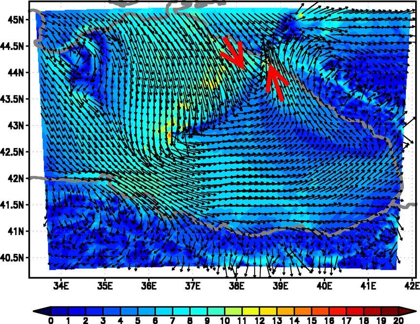 Figure 8. Wind field at the lowest level simulated using the WRFmodel for 0730 UTC on 21 June 2011.