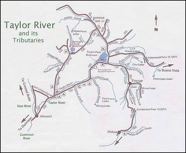 The river flows down through Taylor Canyon and eventually joins the East River to form the Gunnison River in Almont, at an elevation of about 8,000 feet.