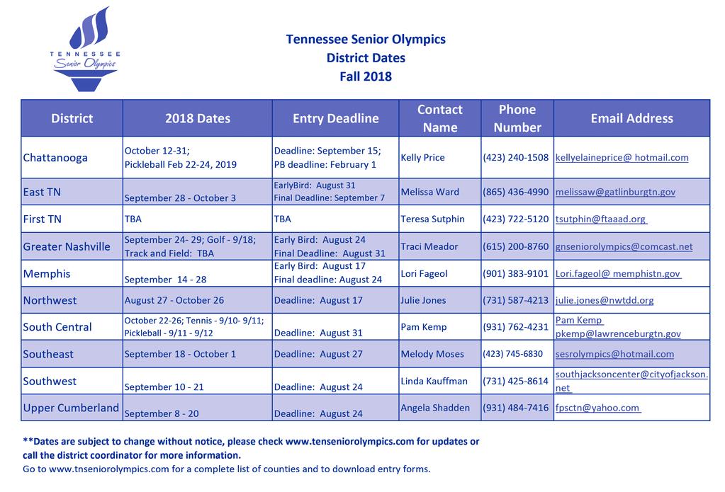 NEXT SUMMER S STATE FINALS IMPORTANT INFORMATION! PLEASE READ! The Tennessee Senior Olympics State Finals are scheduled for June 2019 in Williamson County, TN. The exact dates will be posted at www.