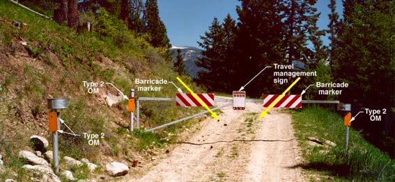 Typical Gate Signing With Object Markers (OM) for One-Lane Roads If motorized or nonmotorized use (such as bicycles) occurs behind a gate, the back side will require signing also.