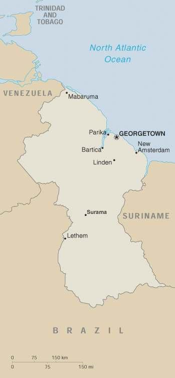 The map below shows Guyana and