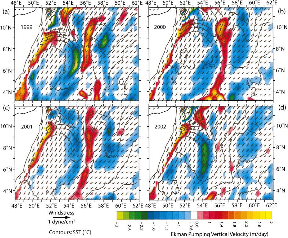 Generation of Ekman pumping velocity due to oceanic influence on the wind An important finding of their study: the generation of Ekman up/down-welling velocity of 2-3 m/day over cold filaments