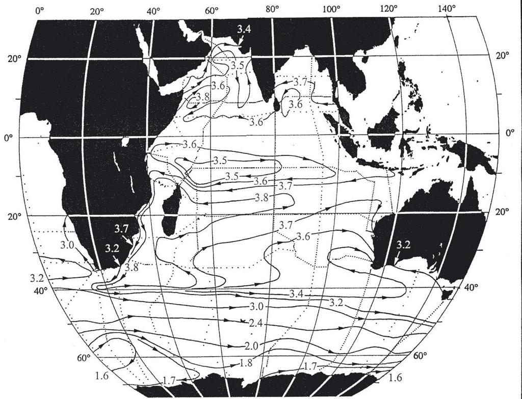 Indian surface circulation (adjusted steric height) (Reid, 2003) Subtropical
