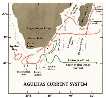 Subtropical gyre WBC: Agulhas Agulhas retroflection: Western boundary current wishes to continue further southward, but Africa ends, so current passes to the west, retroflects back